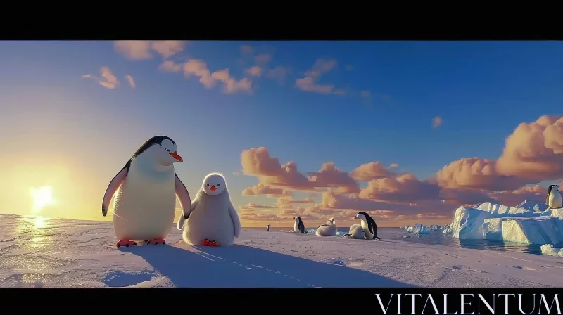 Antarctica Penguins Sunset Landscape AI Image