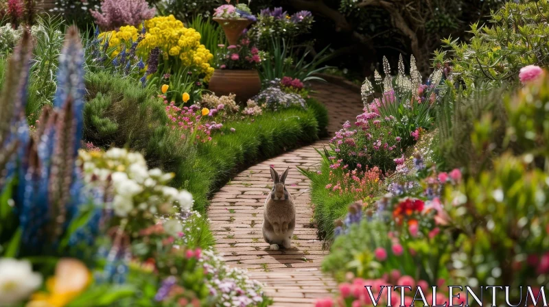 Brown and White Rabbit in Garden with Flowers AI Image