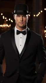 Elegant Young Man in Black Tuxedo and Top Hat