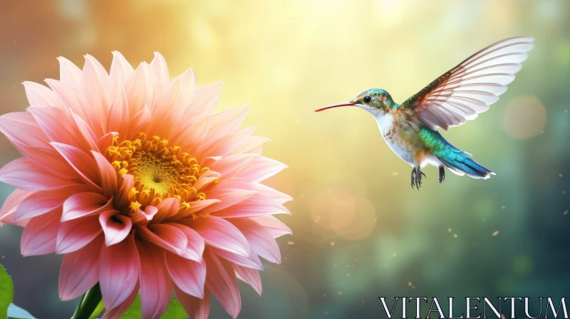 Hummingbird and Pink Dahlia Flower in Nature AI Image