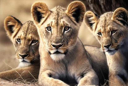 Majestic Lion Cubs Resting Under Trees - Hyper-Detailed Portraits