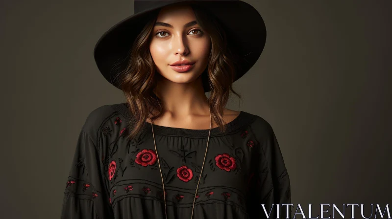 Serious Young Woman in Black Hat and Red Floral Dress AI Image