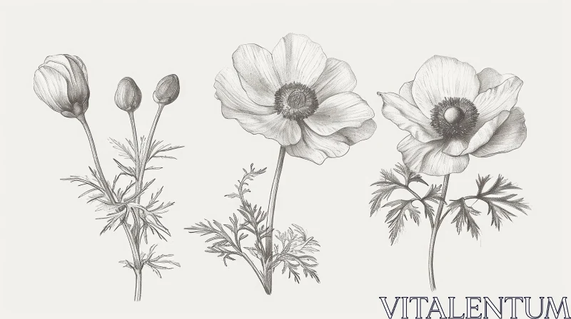 AI ART Anemone Flowers Botanical Drawing