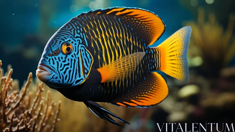 AI ART Blue Yellow Black Striped Fish in Coral Reef