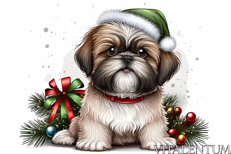 Christmas Dog Illustration - Detailed Shih Tzu with Holiday Style AI Image