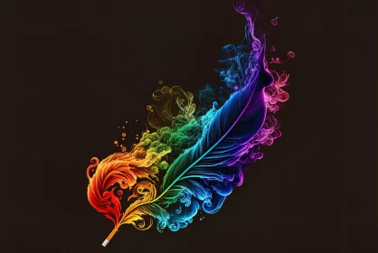 Colorful Feather and Quill on Dark Background | Rainbowcore Psychedelic Artwork