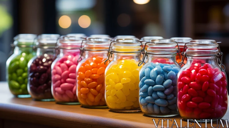 AI ART Colorful Jelly Beans in Glass Jars on Wooden Surface