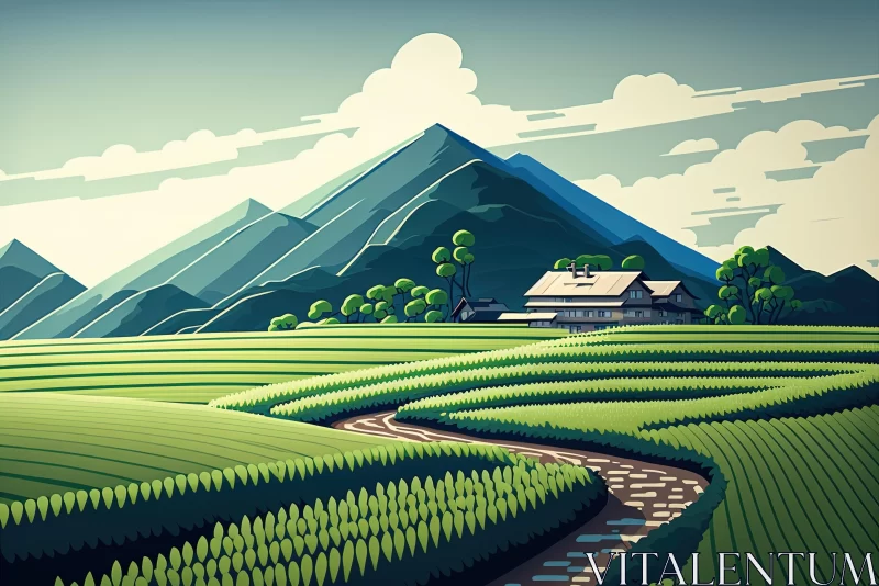 AI ART Green Rice Paddies - Serene Asian-Style Illustration