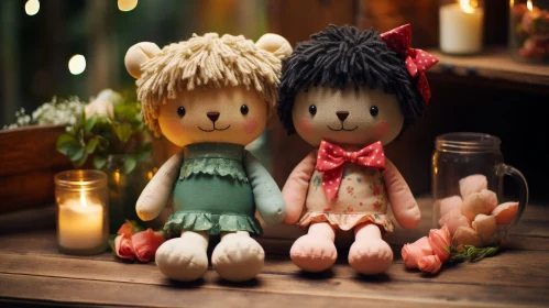 Handmade Dolls on Wooden Table with Forest Background
