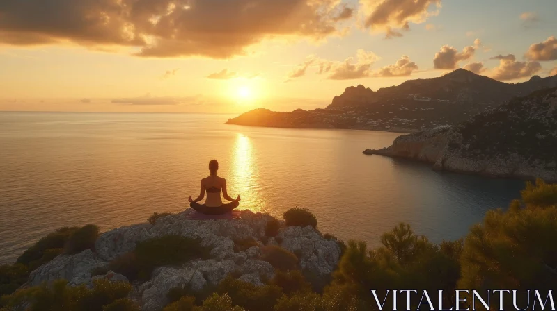Serenity at Sunset: Woman in Lotus Pose on Rocky Cliff AI Image