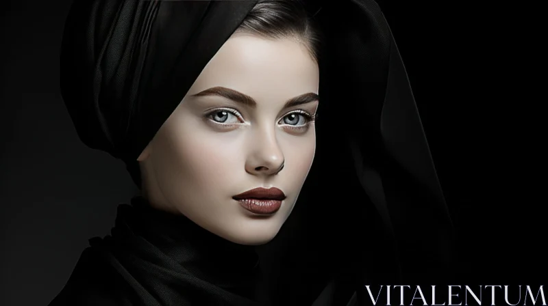 Serious Woman Portrait in Black Hijab AI Image