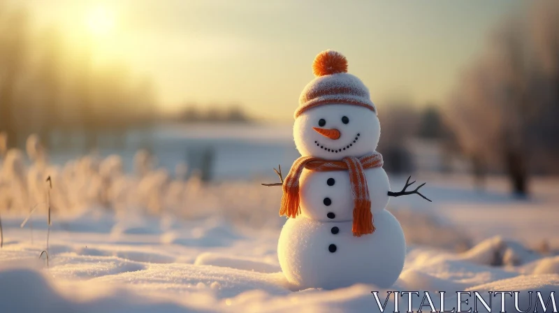 Snowman in Snowy Field at Sunset AI Image