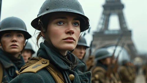 Young Woman in Military Uniform at Eiffel Tower AI Image