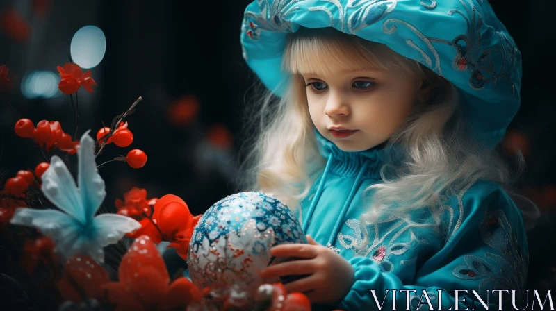 Blue Dress Little Girl with Red Ball AI Image