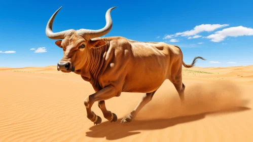 Brown Bull Running in Desert - Powerful Wildlife Scene