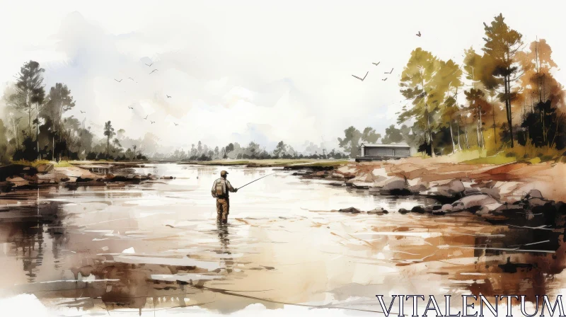 Tranquil Watercolor Painting of Man Fly Fishing in River AI Image