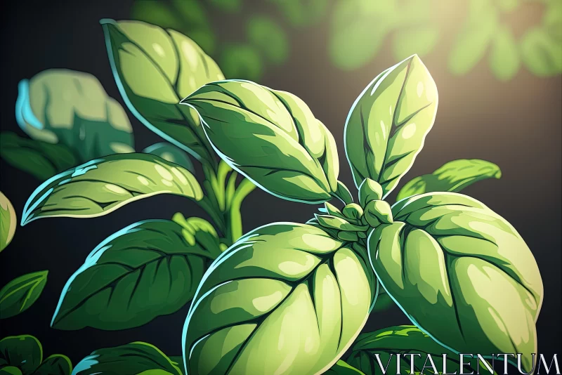 Vibrant Cartoon Illustration of Basil Plant in Garden AI stock