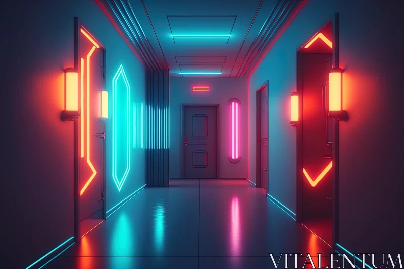 Captivating Neon-Lit Hallway Illustration | Cabincore Aesthetic AI Image