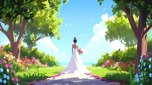 Cartoon Bride in Lush Garden - Ocean View