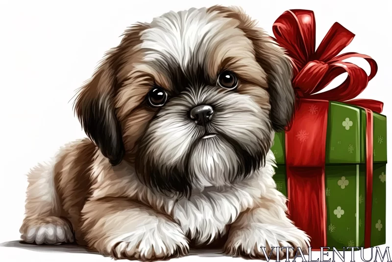 Delightful Shih Tzu Puppy with Christmas Present - Highly Detailed Illustration AI Image