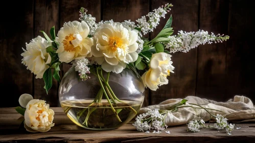 Elegant Floral Still Life on Wooden Table