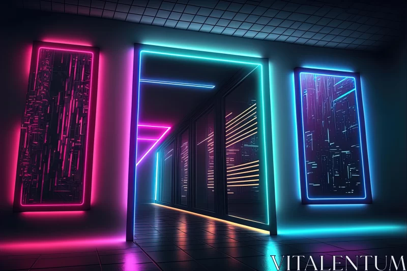 Enchanting Neon Hallway: A Journey into Retrofuturistic Realism AI Image