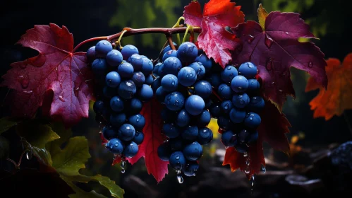 Ripe Blue Grapes with Water Drops in Forest Setting