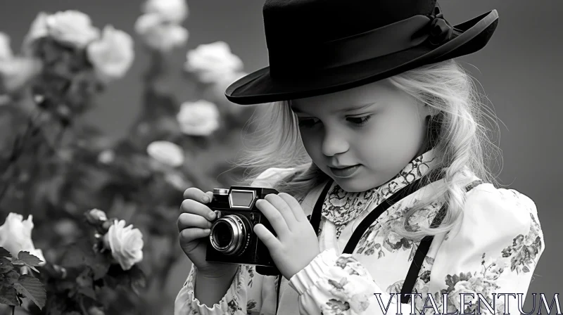Vintage Portrait of a Girl with Camera in Hat AI Image