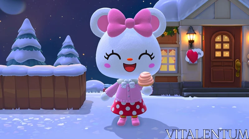 Charming White Mouse in Snowy Village Holding Cupcake AI Image