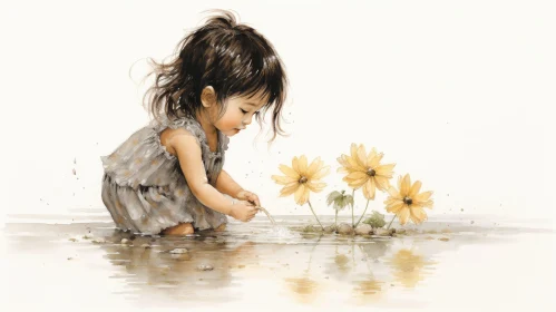 Joyful Watercolor Painting of a Girl Playing in a Puddle