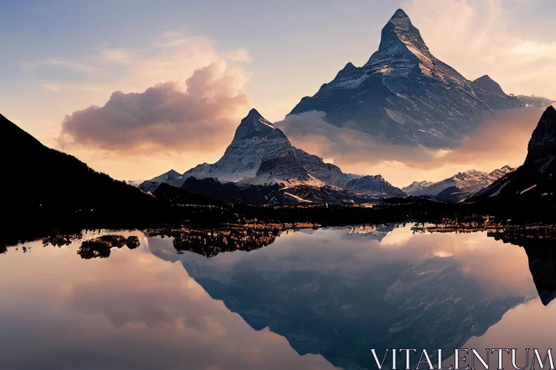 AI ART Twilight Reflection: Captivating Mountain Range in Swiss Style