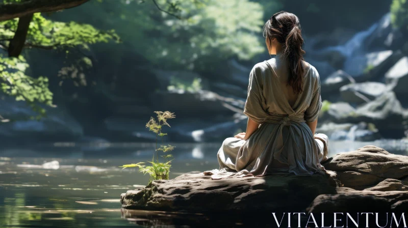 Woman on Rock in River - Serene Nature Scene AI Image