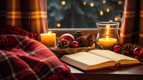Cozy Winter Still Life with Lit Candle and Snowy Forest View