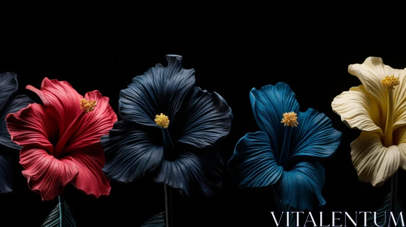 Hibiscus Flowers Still Life on Black Background AI Image