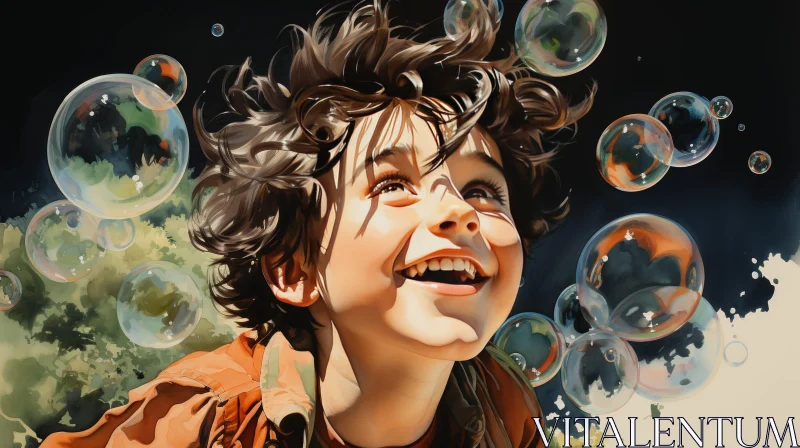 Joyful Boy Portrait with Bubbles AI Image