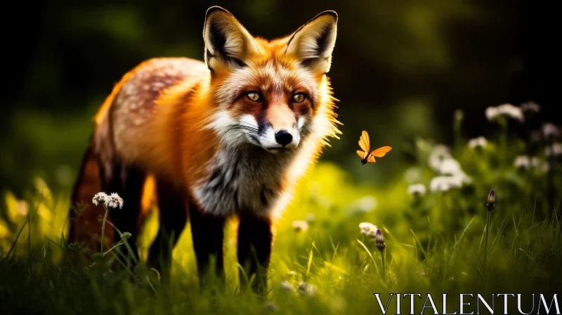 Majestic Red Fox and Butterfly in Green Field AI Image