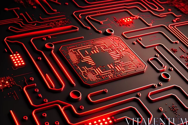 AI ART Red LED Circuit Board with Streamlined Design and Numerical Complexity