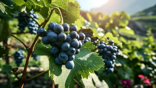 Ripe Blue Grapes on Lush Vine in Vineyard