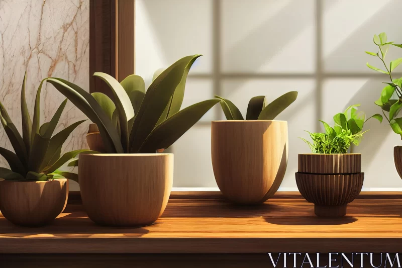 Wooden Windowsill with Potted Plants | Ray Tracing Style AI Image