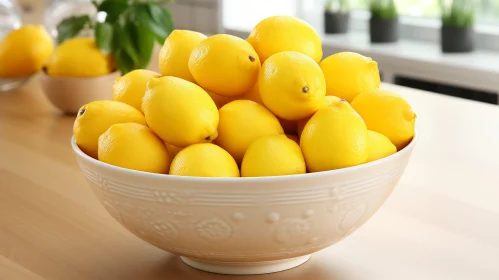 Bright Yellow Lemons in White Bowl on Wooden Table