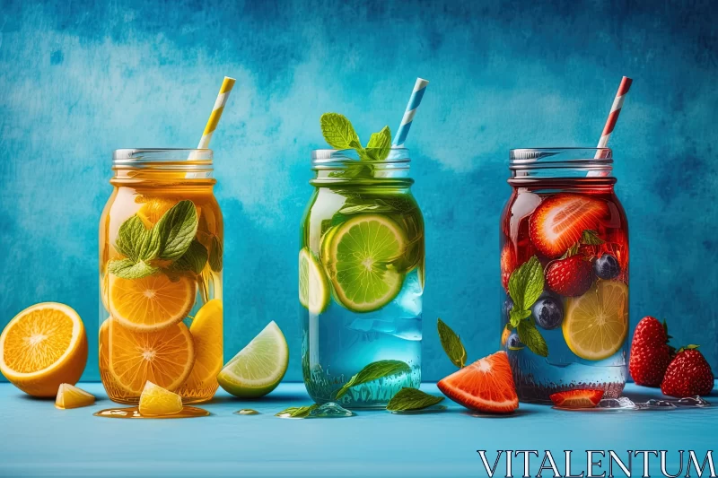 Colorful Fruit and Leafs in Bottled Water Composition AI Image