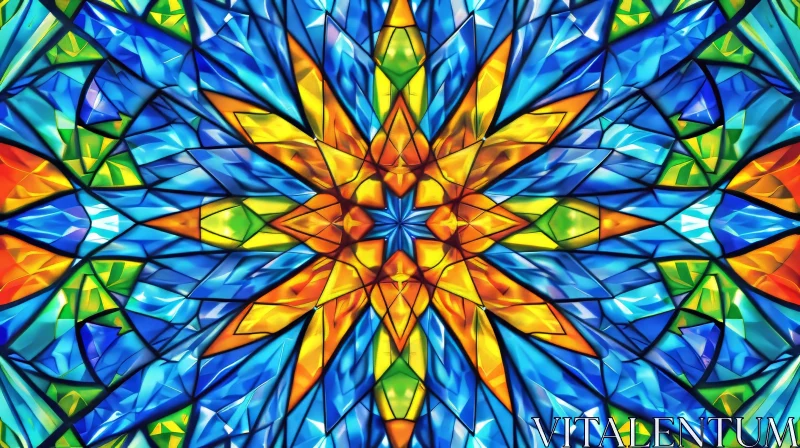 Colorful Kaleidoscope Glass Pattern on Blue Background AI Image