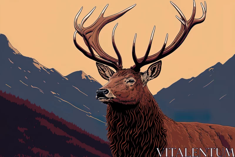 Majestic Stag in Front of Mountains: Pop Art Illustration AI Image