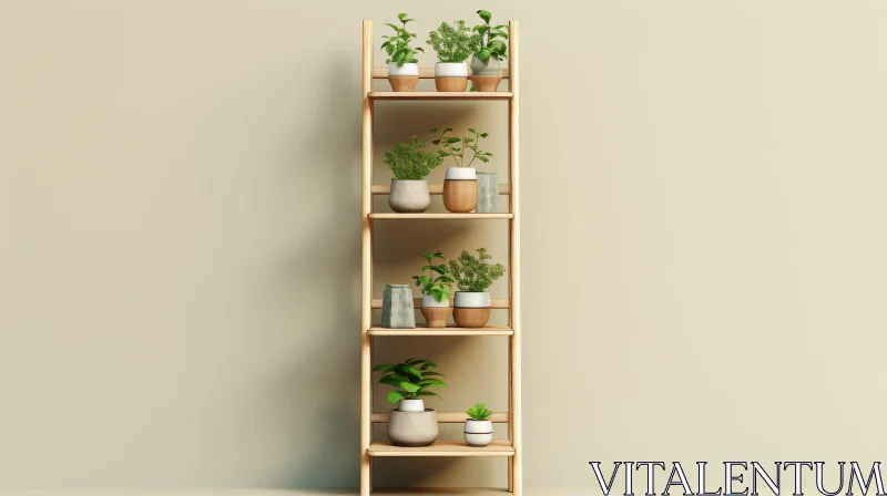 Wooden Shelf with Plants on Beige Background AI Image