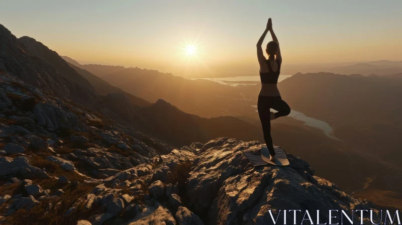 Yoga Woman on Mountaintop at Sunset AI Image