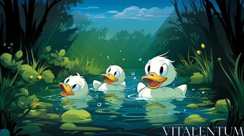 Cartoon Ducks Swimming in Lush Pond AI Image