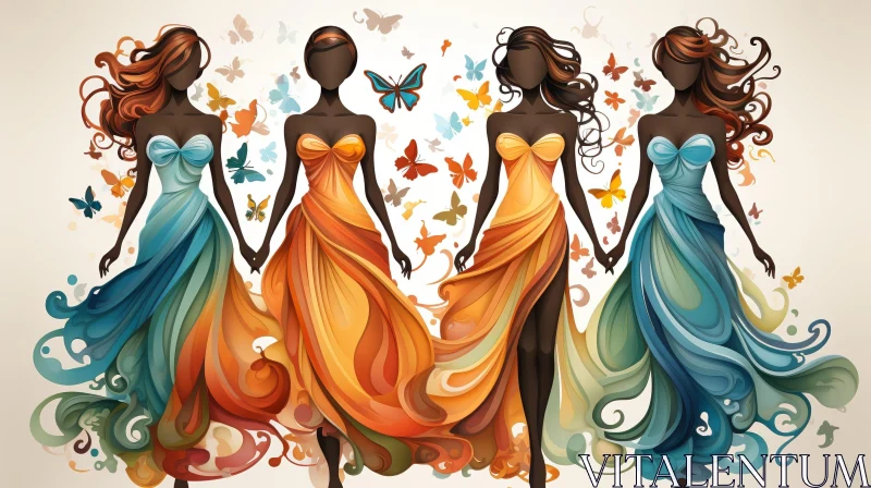 AI ART Colorful Women with Butterflies Painting