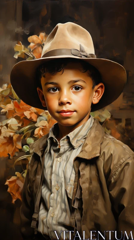 Serious Young Boy Portrait in Brown Hat and Jacket AI Image