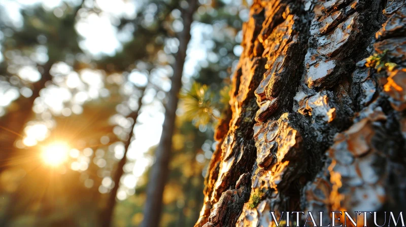 Sunlit Pine Tree Bark in Nature AI Image