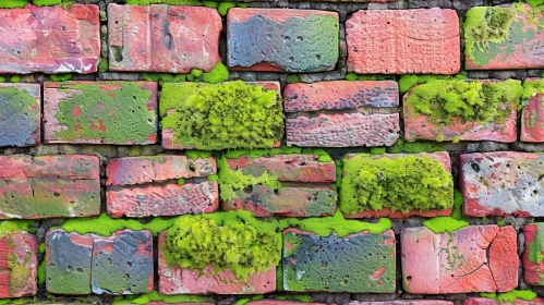 Textured Brick Wall with Green Moss - Close-up Detail